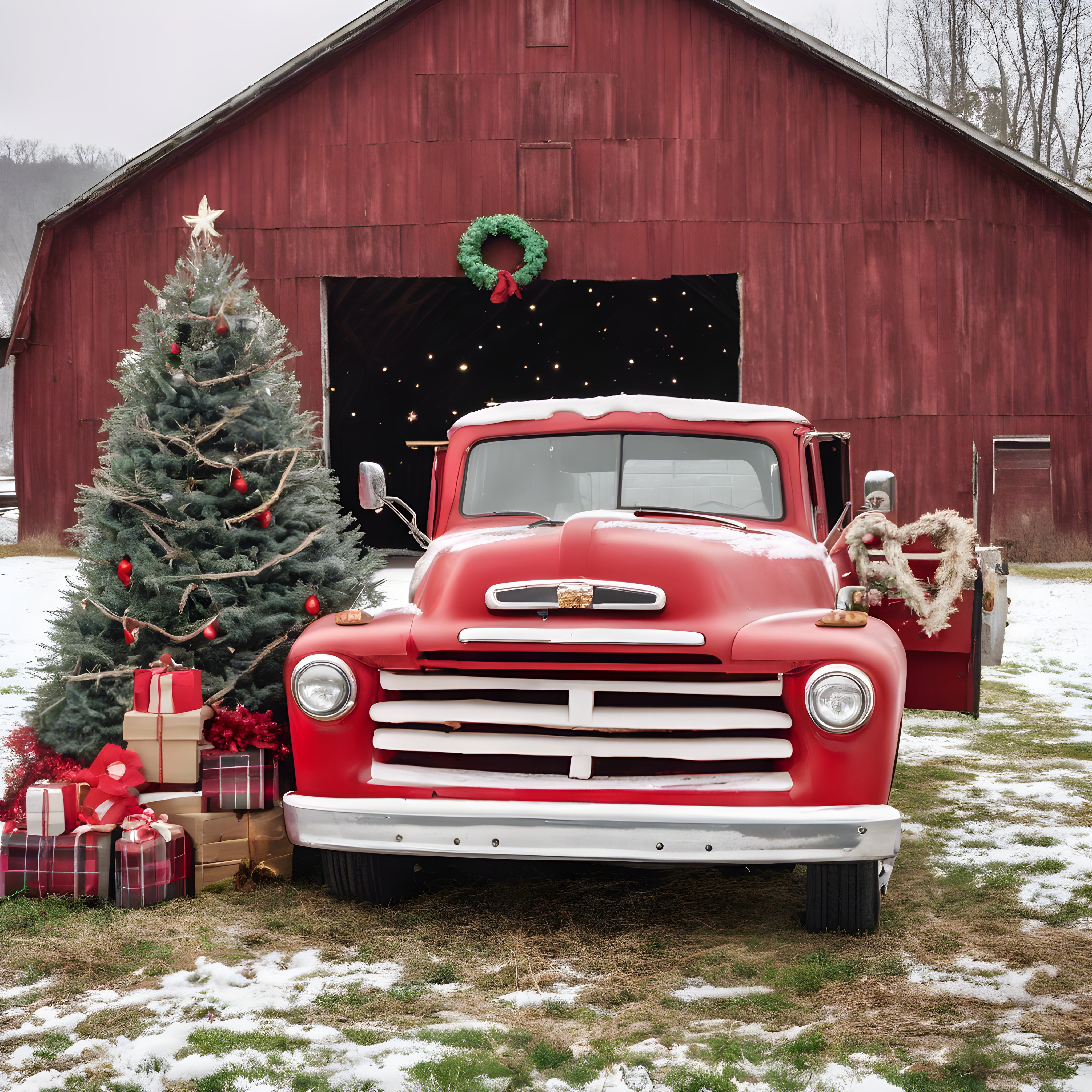 red pick-up tree infront of a barn in the winter time. snow surrounding the scene along with a christmas tree and presents.